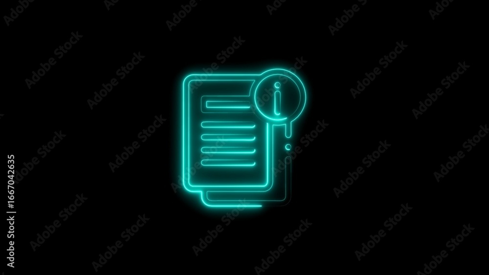 Poster neon glowing document with information symbol representing help and support on black background