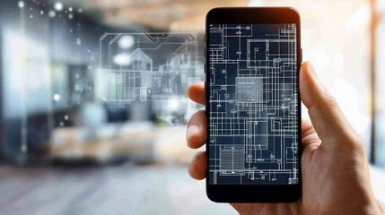 Person holding smartphone projecting engineering schematic in modern building interior.