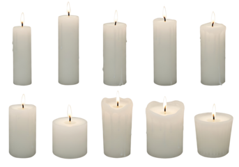 Various cylindrical and tapered white candles, all lit, displayed against a black background, showcasing different shapes and sizes.