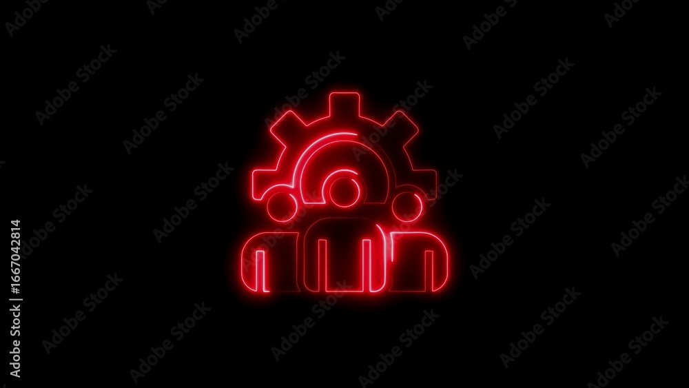 Poster glowing red neon teamwork icon representing collaboration and process in dark background