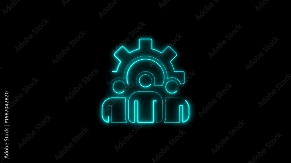 Poster glowing neon icon representing teamwork collaboration and process automation against black backdrop