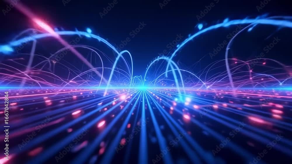 Fototapete dynamic digital network data flow with glowing lines and dots on a futuristic background