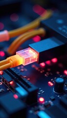 Fiber optic cable connected to computer motherboard, hardware, circuit