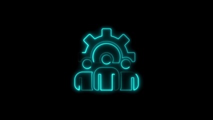 Glowing neon icon representing teamwork collaboration and process automation against black backdrop