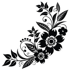 Black and White Floral Design Element with Flowers, Leaves, and Berries Pattern