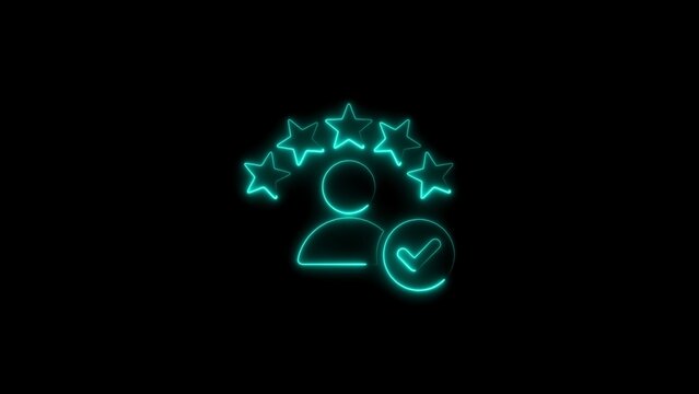 Glowing neon customer experience icon with five stars and checkmark on black background