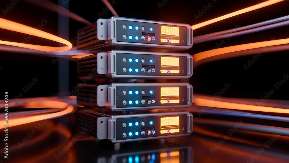 Poster modern server racks with blazing orange data streams