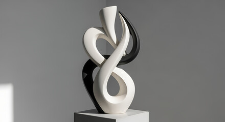 Abstract sculpture with black and white intertwined shapes on stand