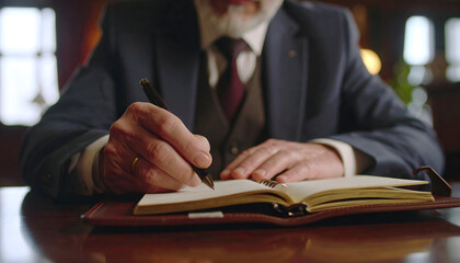 Professional Older Man Writing Notes in a Notebook at a Polished Wooden Desk