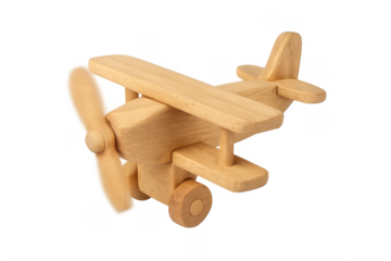 Wooden toy airplane flying with spinning propeller on transparent background