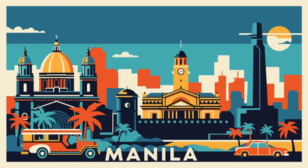 Colorful vector illustration of Manila skyline with cathedral, clock tower, modern buildings, jeepney, and palm trees, perfect for travel posters, tourism promotions, and Philippine city design