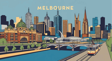 Colorful vector illustration of Melbourne skyline with Flinders Street Station, modern skyscrapers, riverfront, and tram, perfect for travel posters, tourism campaigns, and Australian city design © meeblues