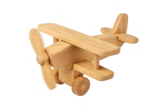 Wooden toy airplane flying with spinning propeller on transparent background