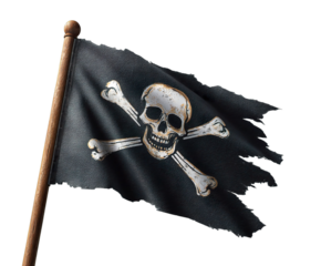 A weathered pirate flag featuring a skull and crossbones, symbolizing adventure and rebellion., transparent png