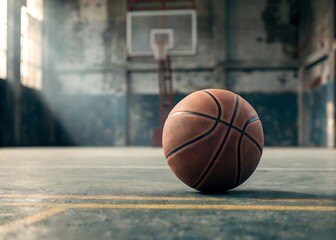 A basketball sits alone on an indoor court, the empty arena hinting at the anticipation of a game, the focus on skill, competition, and the pursuit of victory in the world of sports