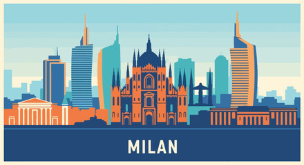 Naklejka premium Colorful vector illustration of Milan skyline with Duomo Cathedral, historic architecture, and modern skyscrapers, perfect for travel posters, tourism promotions, and Italian destination design