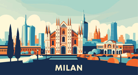 Obraz premium Colorful vector illustration of Milan skyline with Duomo Cathedral, historic architecture, and modern skyscrapers, perfect for travel posters, tourism promotions, and Italian destination design