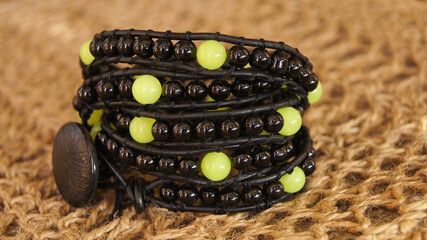 braided leather and glass bead bracelet, black with light green jade beads