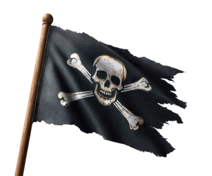A weathered pirate flag featuring a skull and crossbones, symbolizing adventure and rebellion., transparent png - Powered by Adobe