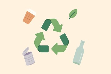 A creative illustration featuring recyclable items and the recycling symbol.