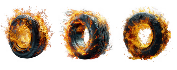 Three car tires on fire, isolated on transparent background