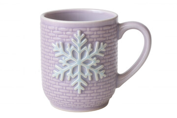 Purple ceramic mug with embossed snowflake pattern, holding festive winter beverage, resting on transparent surface