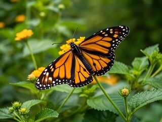 Naklejka premium A majestic monarch butterfly rests delicately on a vibrant flower, its intricate wings displaying a symphony of orange and black, creating a captivating scene of natures beauty and grace
