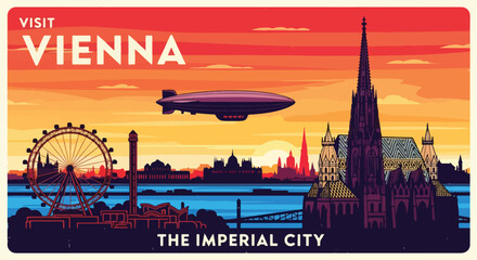 Colorful vector illustration of Vienna cityscape with iconic landmarks, cathedral, ferris wheel, and trams by the river, perfect for travel posters, tourism promotions, and European destination design