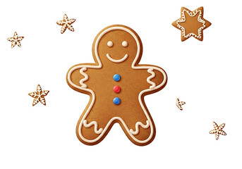 Fototapeta premium A festive gingerbread man cookie, adorned with icing details, sits against a backdrop of festive snowflakes and a star, showcasing a warm, holiday-themed design.
