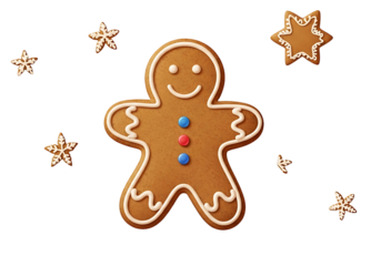 A festive gingerbread man cookie, adorned with icing details, sits against a backdrop of festive snowflakes and a star, showcasing a warm, holiday-themed design.