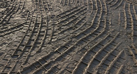 Closeup of muddy ground imprinted with tire tracks Light illuminates the textured surface highlighting the gridlike patterns