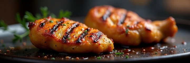 Grilled chicken, smoky char marks, juicy texture, dinner, plate