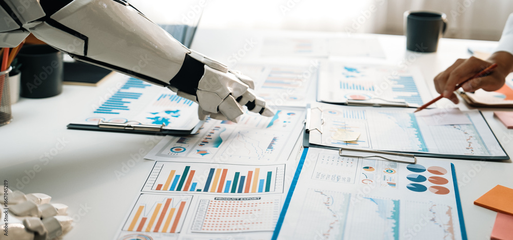 Aufkleber a robotic arm is seen collaborating on business analytics papers in a modern office, showcasing the 