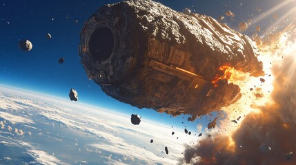 Spaceship exploding in Earth's atmosphere with fragments and fire.