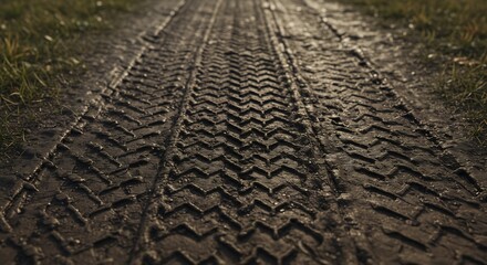 Closeup of muddy ground with tire tracks with patches of grass on both sides