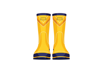 A pair of bright yellow rain boots with navy blue soles and decorative accents are displayed against a plain black background.