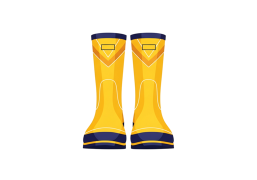 A pair of bright yellow rain boots with navy blue soles and decorative accents are displayed against a plain black background. - Powered by Adobe