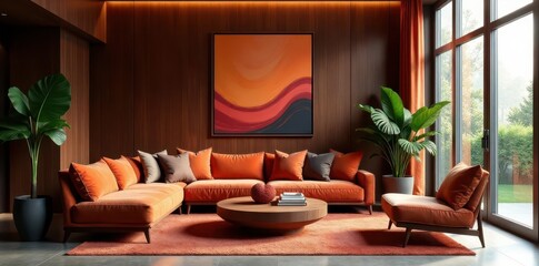 Sophisticated lounge with statement art, warm tones, colors, plants