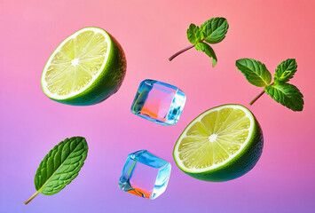 Fresh lime slices mint leaves and ice cubes floating against a gradient background