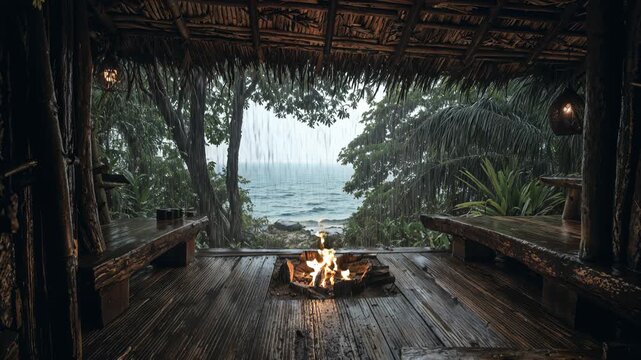 Video background of a cabin with a bonfire in the center and views of the ocean and a tropical beach. It is raining heavily. Feeling of calm and tranquility.