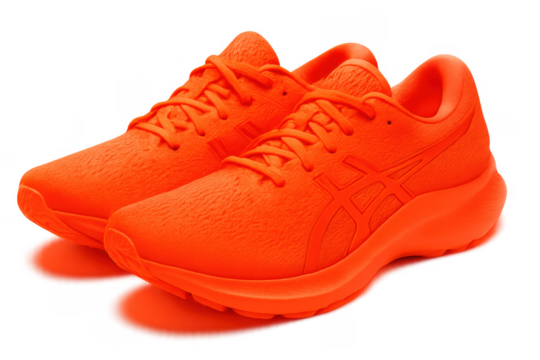 Pair of vibrant orange running shoes isolated on transparent background