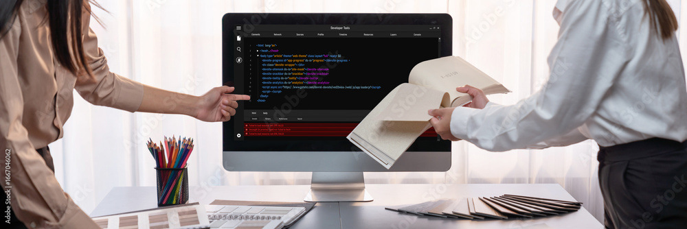Poster software development programming on computer screen for brisk application and program coding