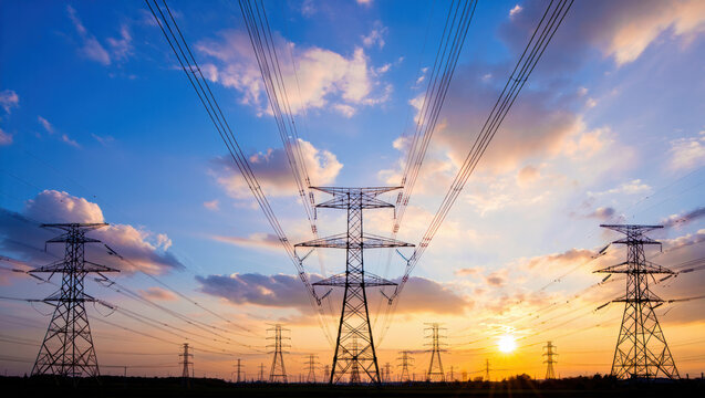 High‑voltage transmission towers stretch across a landscape at sunset, radiating lines against a colorful sky of blues, pinks, and gold, symbolizing energy flow and infrastructure.