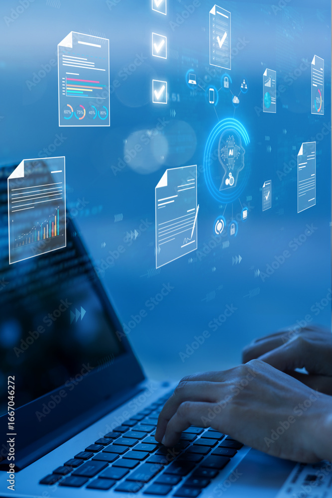 Aufkleber document management concept, check electronic documents on digital documents on virtual screen docum