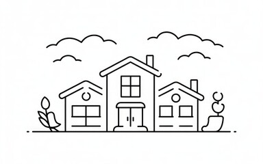 Minimalist line art illustration of houses in a neighborhood with clouds in the sky, clean black and white vector