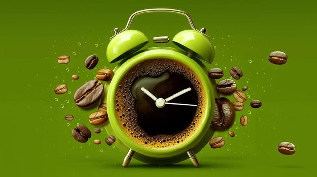 Alarm clock made of coffee green background generative ai