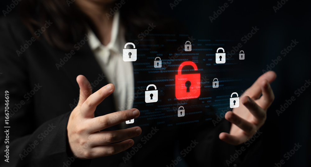 Poster digital security concept illustrating a cybersecurity breach, with a red unlocked padlock indicating