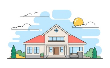 Flat vector illustration of a cozy house with fluffy clouds and a bright sun, minimal style, colorful design