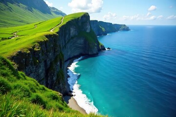 Steep emerald slopes plunging into vibrant blue water , texture, cliffs