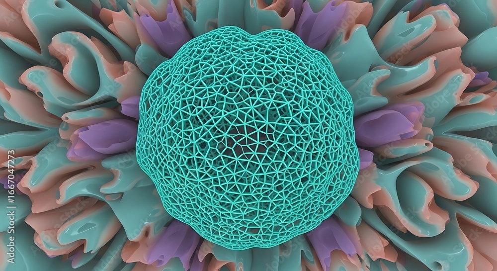 Poster abstract 3d rendered sphere with intricate network design.